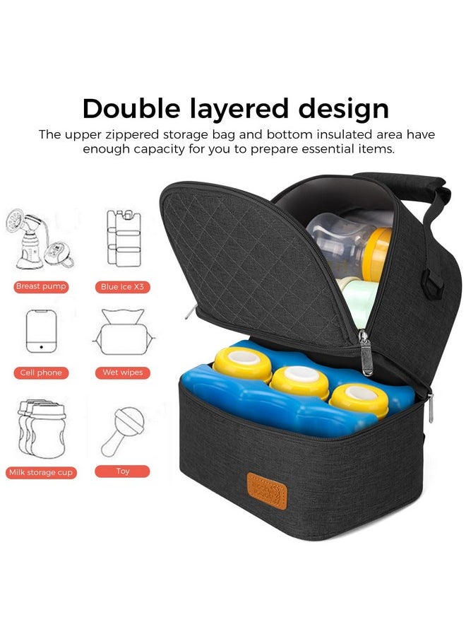 Zibuyu - ® Breastmilk Storage Bag With Ice Pack, Double Layer Breastmilk Warmer Insulated Bag With Strap, Fits 6 Ounces Bottles, Waterproof Breast Mommy Diaper Backpack Bento Box Backpack, Black - Image 1