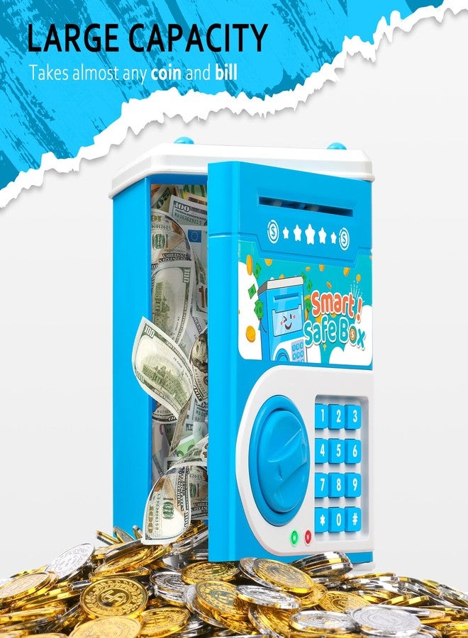 Vcertcpl ATM Piggy Bank for Boys Girls, Vcertcpl Mini ATM Coin Bank Money Saving Box with Password Code, Kids Safe Money Jar for Real Money with Auto Grab Bill Slot, Great Gift Toy Bank for Kids (Blue) - Image 4