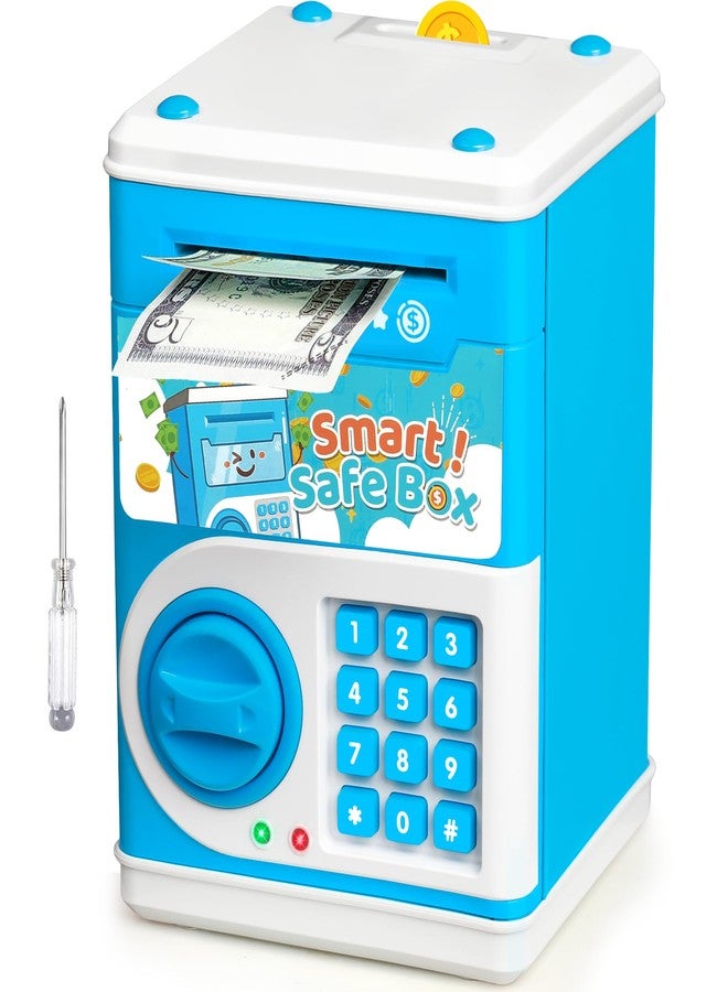 Vcertcpl ATM Piggy Bank for Boys Girls, Vcertcpl Mini ATM Coin Bank Money Saving Box with Password Code, Kids Safe Money Jar for Real Money with Auto Grab Bill Slot, Great Gift Toy Bank for Kids (Blue) - Image 1