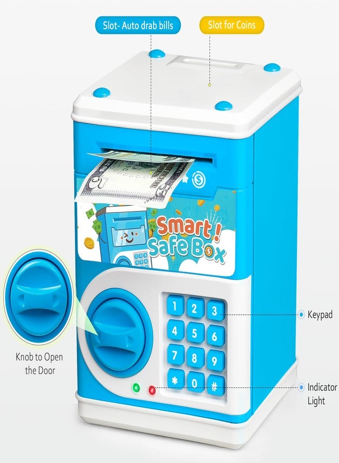 Vcertcpl ATM Piggy Bank for Boys Girls, Vcertcpl Mini ATM Coin Bank Money Saving Box with Password Code, Kids Safe Money Jar for Real Money with Auto Grab Bill Slot, Great Gift Toy Bank for Kids (Blue) - Image 3