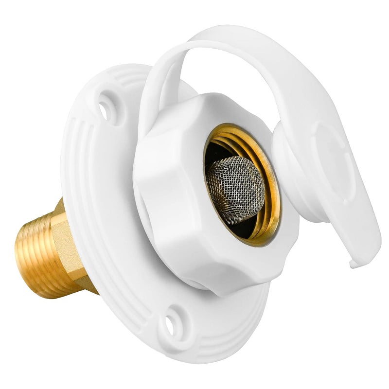 Rvhouse RV City Water Inlet with Brass Check Valve 34 NH Female to 12 NPT Male Flange RV Fresh Water Inlet Durable RV Water Replacement Connection Fittings for RV Camper Motorhome Trailer Marine White - Image 2