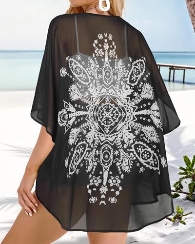 CHICGAL Summer Kimono Cardigan for Women Sheer Boho Tops Casual Open Front Swimwear Shirts Beach Cover ups (Caftan Black,XL) - Image 5