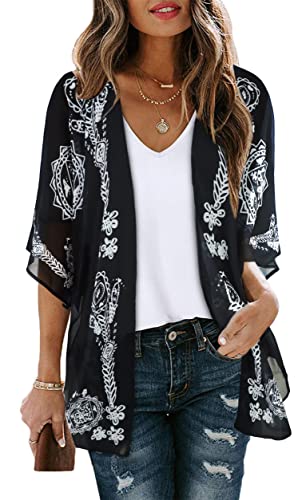 CHICGAL Summer Kimono Cardigan for Women Sheer Boho Tops Casual Open Front Swimwear Shirts Beach Cover ups (Caftan Black,XL) - Image 1