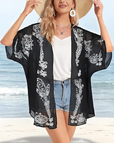 CHICGAL Summer Kimono Cardigan for Women Sheer Boho Tops Casual Open Front Swimwear Shirts Beach Cover ups (Caftan Black,XL) - Image 4