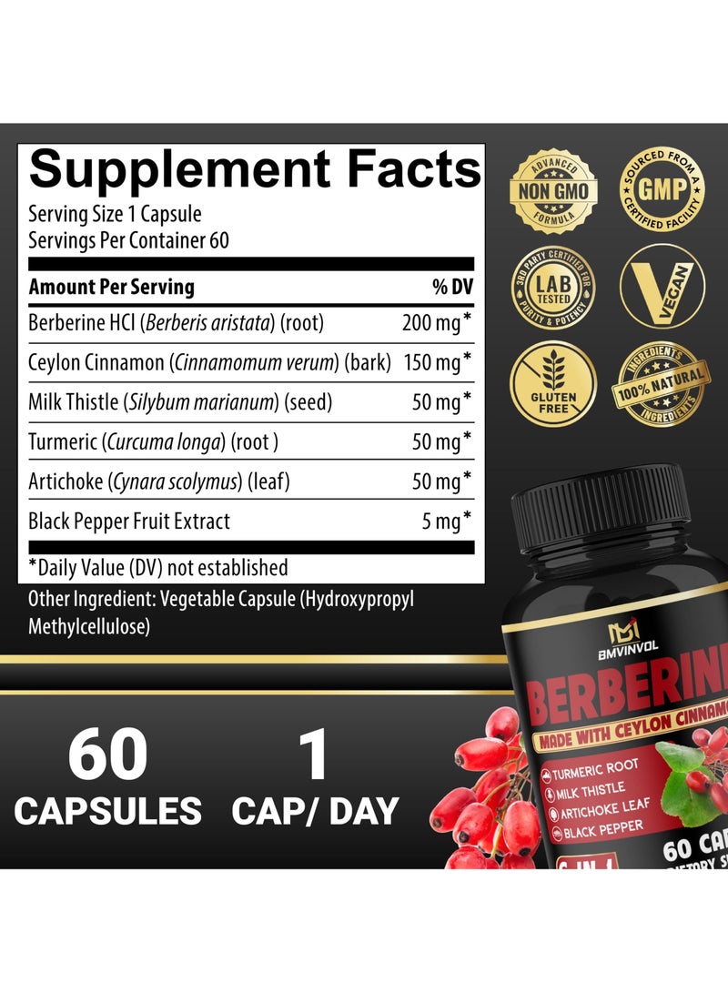 BMVINVOL Berberine with Ceylon Cinnamon, Turmeric, Milk Thistle, Artichoke, Black Pepper - 60 Count - Pack of 1 - Image 4