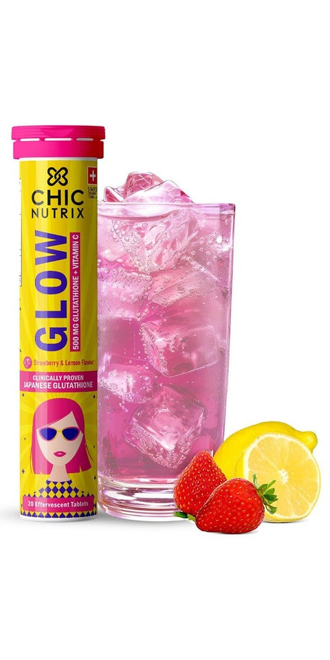 Glow - Japanese Glutathione & Vit. C for skin radiance & even tone - 20 Effervescent Tablets, Strawberry-Lemon flavour