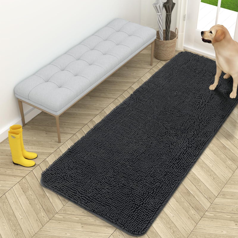 OLANLY Dog Door Mat for Muddy Paws 59x24 Absorbs Moisture and Dirt Absorbent NonSlip Washable Doormat Quick Dry Chenille Mud Mat for Dogs Entry Indoor Entryway Carpet for Inside Floor Dark Grey