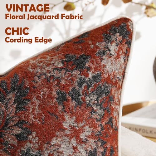DEZENE Pack of 2 Vintage Floral Throw Pillow Covers 18x18 Boho Farmhouse Accents Chenille Square Decorative Pillow Cases for Living Room Couch Bed Home Decor Rust - Image 3