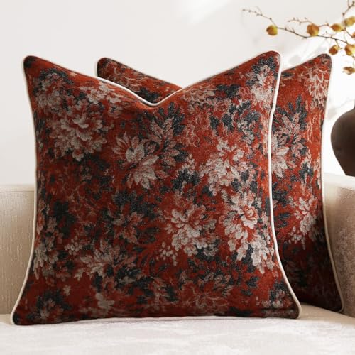 DEZENE Pack of 2 Vintage Floral Throw Pillow Covers 18x18 Boho Farmhouse Accents Chenille Square Decorative Pillow Cases for Living Room Couch Bed Home Decor Rust - Image 1