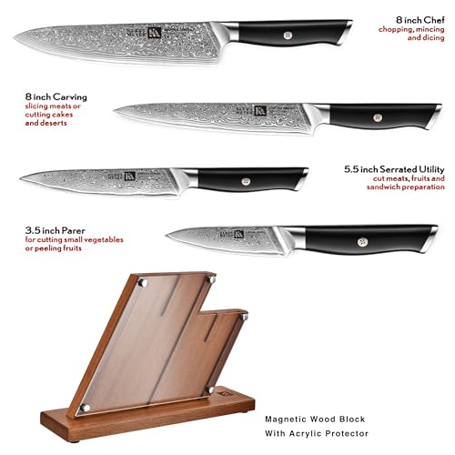 Klaus Meyer 5 Piece Damascus Knife Block Set, 67-Layer High Carbon Damascus Steel, Ultra-Sharp Kitchen Knife Set with Magnetic Wooden Block - Image 2