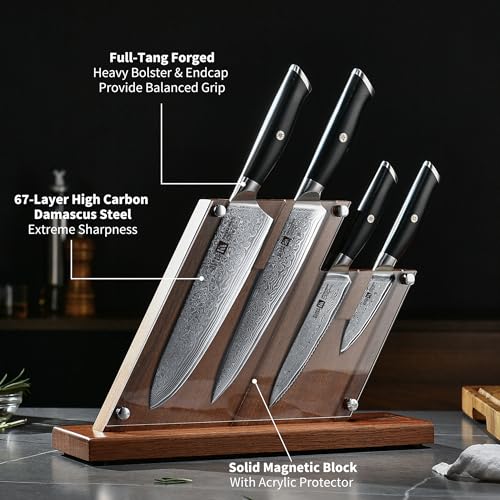 Klaus Meyer 5 Piece Damascus Knife Block Set, 67-Layer High Carbon Damascus Steel, Ultra-Sharp Kitchen Knife Set with Magnetic Wooden Block - Image 3