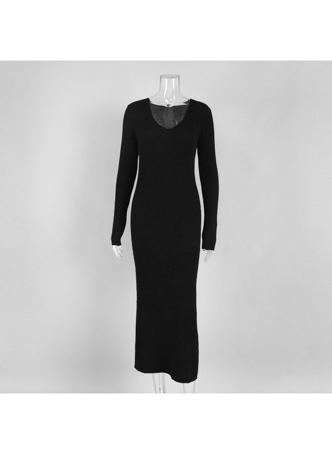 NIBEMINENT V-neck Elegant Knitted Dress Women Vintage Coquette Long Dress Autumn Winter Retro A-line Party Dresses Slim Up - Image 1