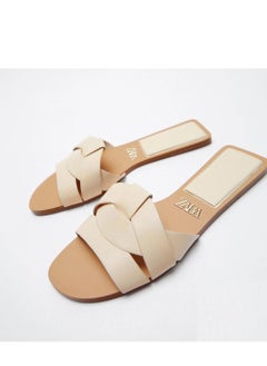 Zara Women Flat Sandals Stone Pattern Beige with Cross Straps  - Image 3