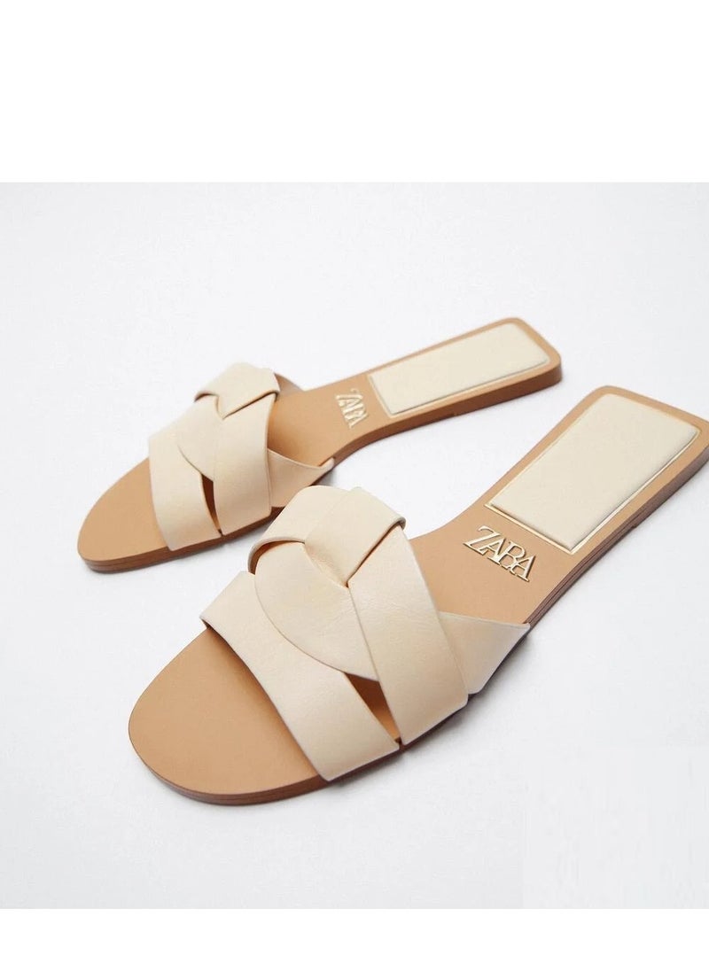 Zara Women Flat Sandals Stone Pattern Beige with Cross Straps  - Image 3