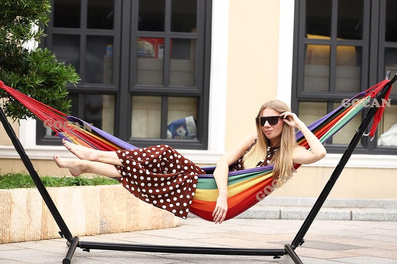 GOCAN Brazilian Single Hammock 1 Person Canvas 200X100cm Total Length 310cm Load 250kg Cotton Hammock for Patio Porch Garden Backyard Lounging Outdoor and Indoor (Full color) - Image 5