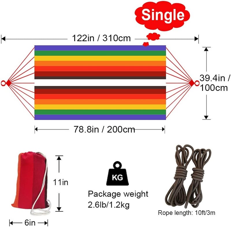 GOCAN Brazilian Single Hammock 1 Person Canvas 200X100cm Total Length 310cm Load 250kg Cotton Hammock for Patio Porch Garden Backyard Lounging Outdoor and Indoor (Full color) - Image 4