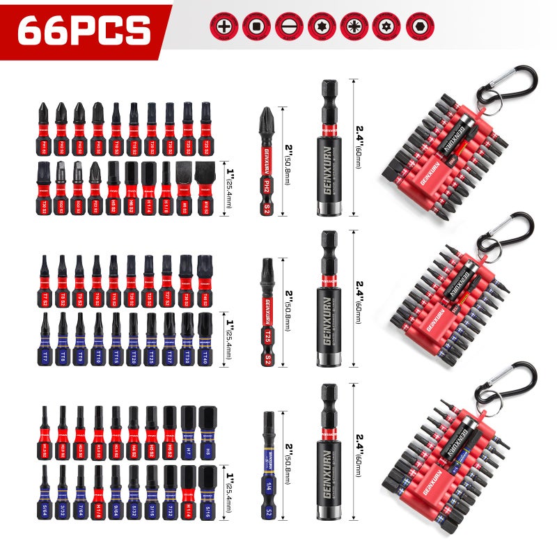 Geinxurn (PH/TORX/HEX/PZ/SQ/SL) Screwdriver Bits Set, 66 Pieces Impact 1â€/ 2â€Magnetic S2 Steel Multi Power Insert Driver Bits and 3Pc Bit Holder with Organizer Sleeve - Image 2
