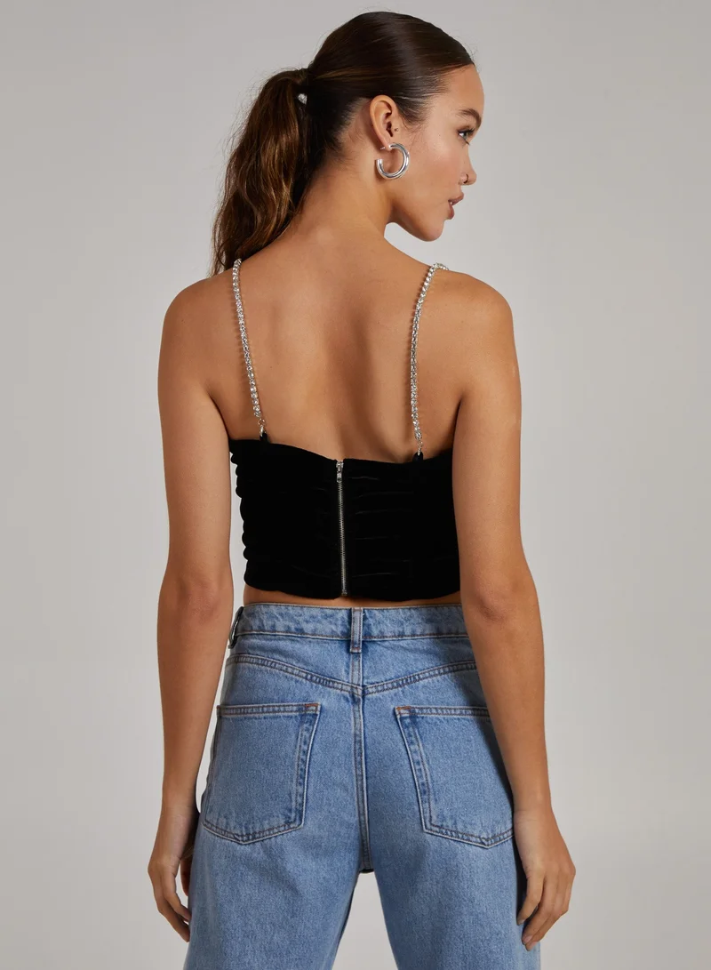 بينك فانيلا بلوزة قصيرة مخملية بحمالات مرصعة بالكريستال وكسرات