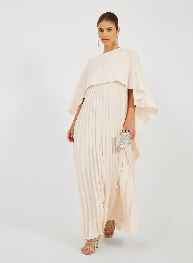 Styli Solid Pleated Cape Sleeve A-Line Maxi Dress