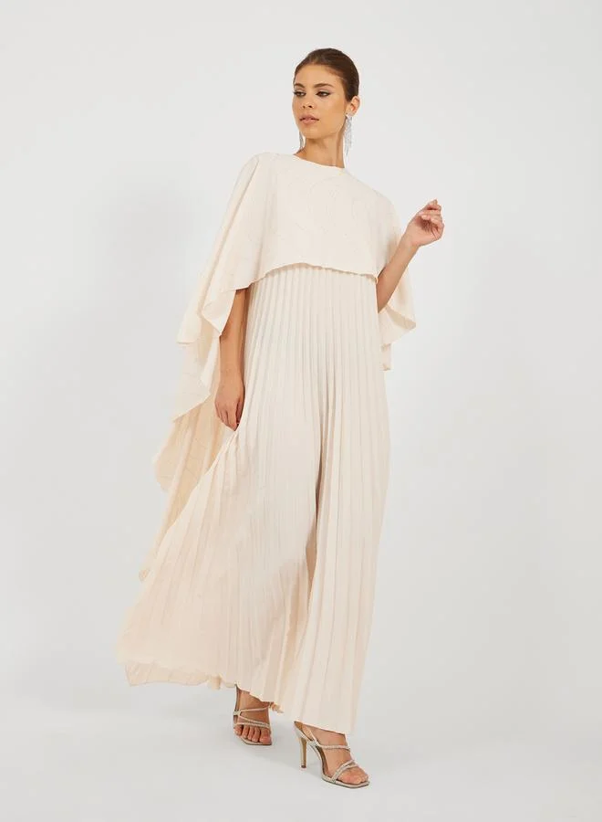 Styli Solid Pleated Cape Sleeve A-Line Maxi Dress