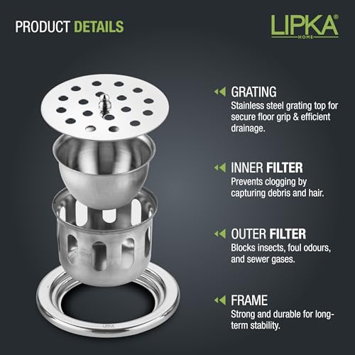 LIPKA Round Floor Drain | 304-Grade Stainless Steel Drain Jali | 4 Inches |Bathroom Floor Drainer with Cockroach Trap/Jali & Lid | Silver - Image 4