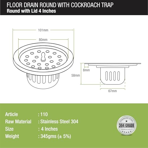 LIPKA Round Floor Drain | 304-Grade Stainless Steel Drain Jali | 4 Inches |Bathroom Floor Drainer with Cockroach Trap/Jali & Lid | Silver - Image 2