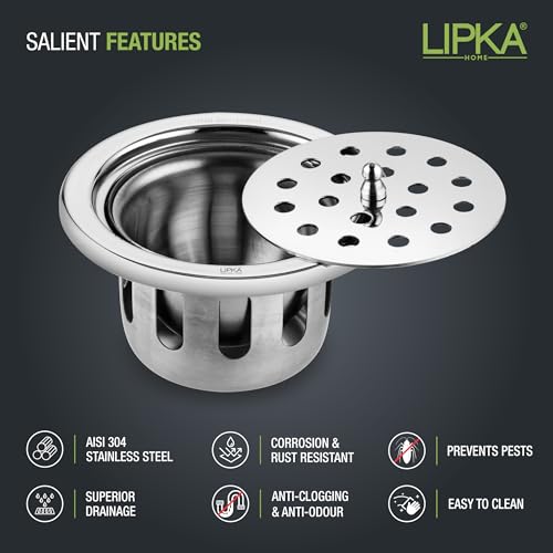 LIPKA Round Floor Drain | 304-Grade Stainless Steel Drain Jali | 4 Inches |Bathroom Floor Drainer with Cockroach Trap/Jali & Lid | Silver - Image 3