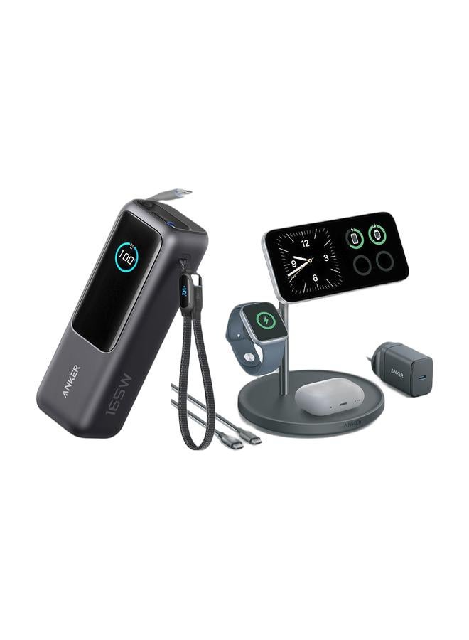 Anker Power Bank, 25,000mAh 165W Ultra-Fast Portable Charger for Dual Laptops, Fast Charging Battery Pack with Built-In and Retractable Cables, For iPhone 17/16 Series, Samsung, and More & 3-in-1 Wireless Charging Station, MagSafe Charger Compatible, Qi2 Certified 15W Wireless Stand, For iPhone 17/16 Series, AirPods Pro, Apple Watch Ultra (USB C Charger and Cable Included)Bundle - Image 1