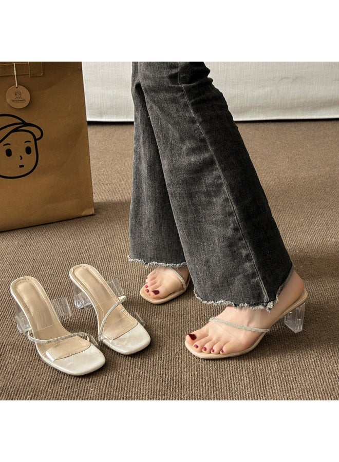 Women's High Heels New Fashion Round Toe Chunky Heel Crystal Slippers Ladies Sandals - Image 3