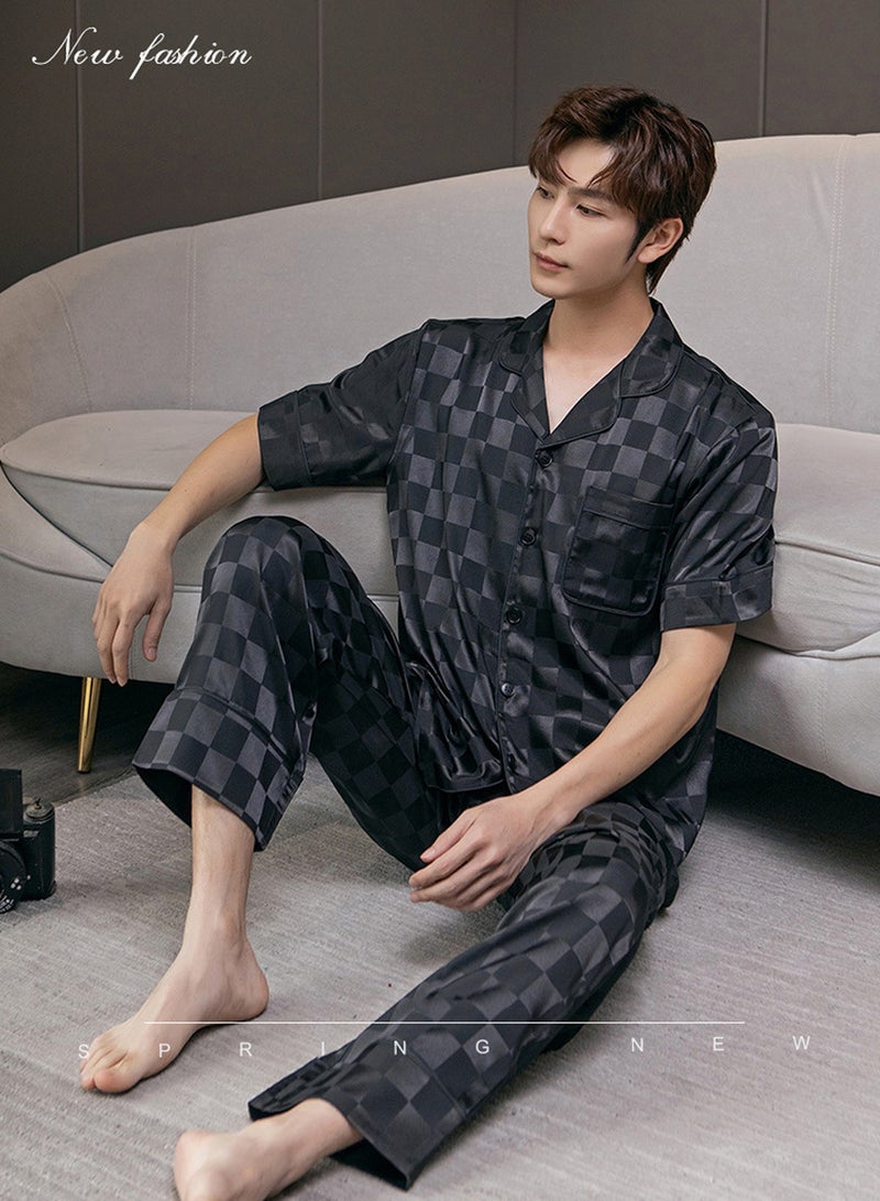 موفانت طقم بيجامات رجالي مكون من قطعتين، تي شيرت بياقة طية + طقم بنطلون بيجامة طويل، ملابس منزلية أنيقة مطبوعة بنقشة مربعات، ملابس نوم حريرية، ملابس نوم فضفاضة، أسود - Image 2
