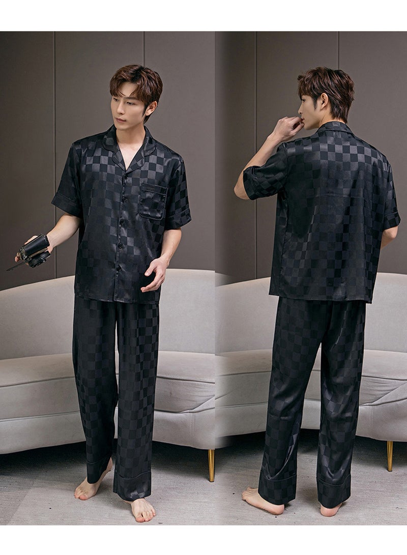 موفانت طقم بيجامات رجالي مكون من قطعتين، تي شيرت بياقة طية + طقم بنطلون بيجامة طويل، ملابس منزلية أنيقة مطبوعة بنقشة مربعات، ملابس نوم حريرية، ملابس نوم فضفاضة، أسود - Image 3
