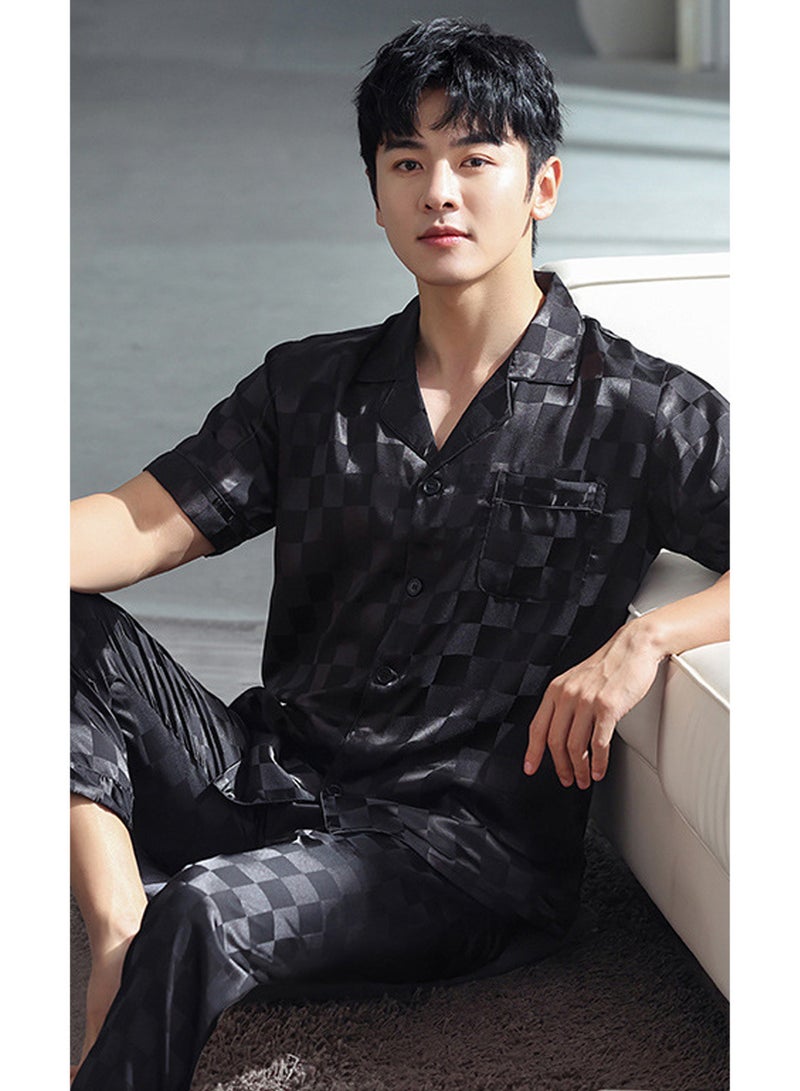 موفانت طقم بيجامات رجالي مكون من قطعتين، تي شيرت بياقة طية + طقم بنطلون بيجامة طويل، ملابس منزلية أنيقة مطبوعة بنقشة مربعات، ملابس نوم حريرية، ملابس نوم فضفاضة، أسود - Image 4