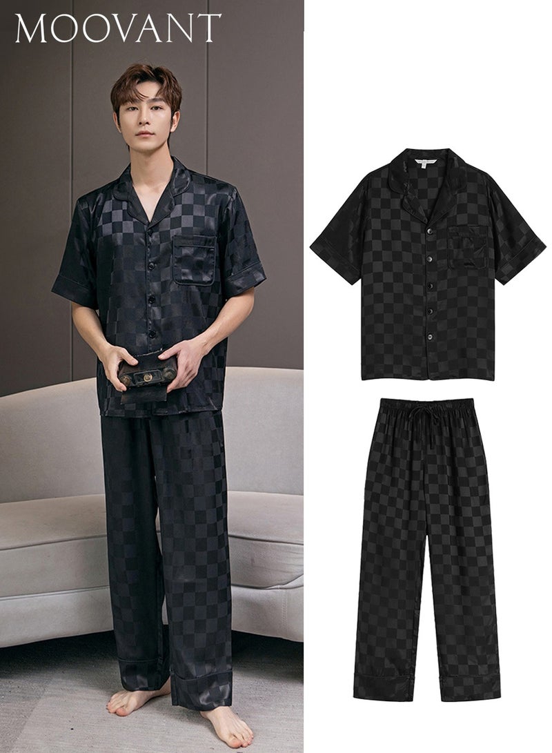 موفانت طقم بيجامات رجالي مكون من قطعتين، تي شيرت بياقة طية + طقم بنطلون بيجامة طويل، ملابس منزلية أنيقة مطبوعة بنقشة مربعات، ملابس نوم حريرية، ملابس نوم فضفاضة، أسود - Image 1