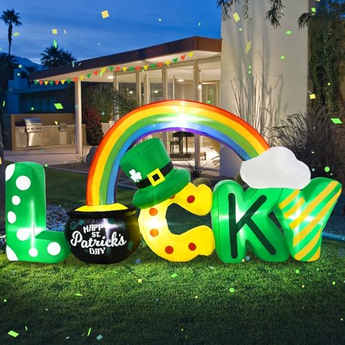 Aotiooy 7FT Long St. Patrick's Day Inflatables Outdoor Decoration, Blow up Lucky Letters Yard Decor with Shamrocks Gold Pot & Rainbow, Built-in LED Lights St Patricks Holiday Decorations for Outside Garden - Image 1