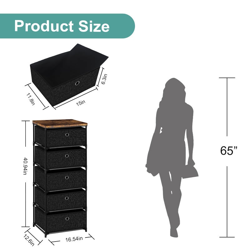 VASICAR Nightstand with 5 Drawers, Clothes Storage Organizer, Small Fabric Dresser for Bedroom, Closet, Entryway, Hallway, Nursery, Dorm - Image 3