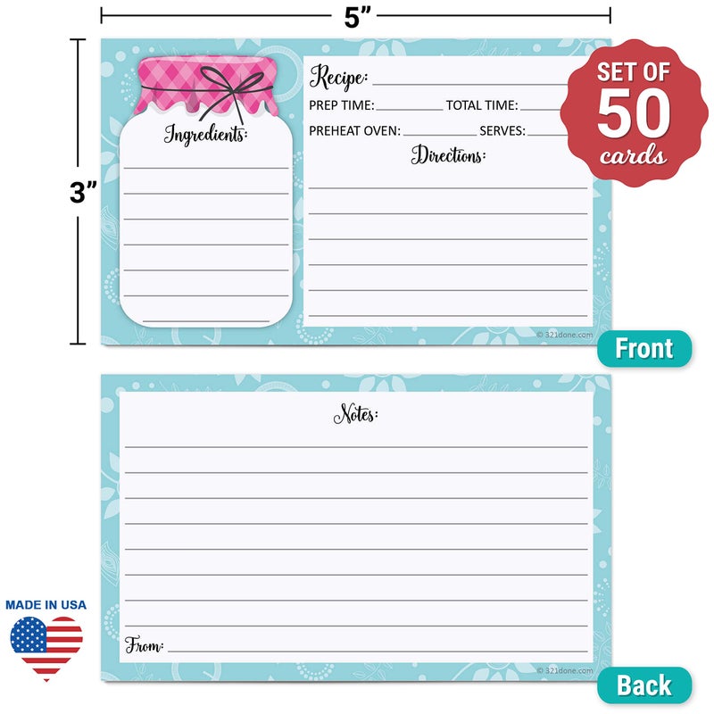 321 دن بطاقات وصفات صغيرة 3×5 من 321Done (مجموعة من 50 بطاقة) - برطمان ماسون - ورق مقوى فاخر سميك مزدوج الجوانب - صنع في الولايات المتحدة الأمريكية - لون وردي ريفي وأزرق مخضر، ملاحظات من - Image 2