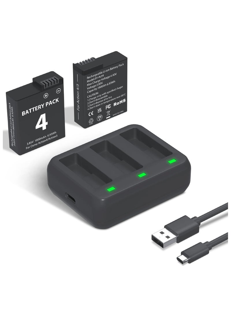 SYOSI - Battery Charger Pack, Compatible with OSMO Action 3/4, 2-Pack1800mAh Osmo Action 4 Camera Batteries, 3-Channel USB Charger Kit, for OSMO Action 3 Camera, Portable Charger - Image 1