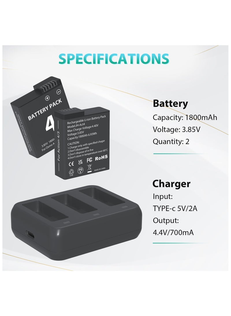 SYOSI - Battery Charger Pack, Compatible with OSMO Action 3/4, 2-Pack1800mAh Osmo Action 4 Camera Batteries, 3-Channel USB Charger Kit, for OSMO Action 3 Camera, Portable Charger - Image 1