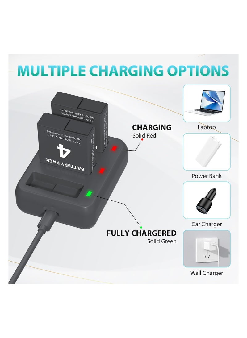 SYOSI - Battery Charger Pack, Compatible with OSMO Action 3/4, 2-Pack1800mAh Osmo Action 4 Camera Batteries, 3-Channel USB Charger Kit, for OSMO Action 3 Camera, Portable Charger - Image 1