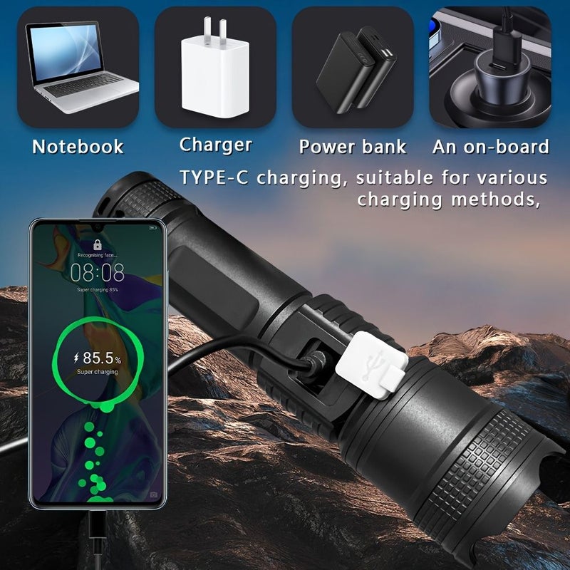 مصباح يدوي LED قابل لإعادة الشحن عبر USB بقدرة عالية مع تكبير قابل للتعديل وثلاثة أوضاع إضاءة مقاوم للسقوط ومتين يدوي للبحث في حالات الطوارئ المنزلية باللون الأسود - Image 5