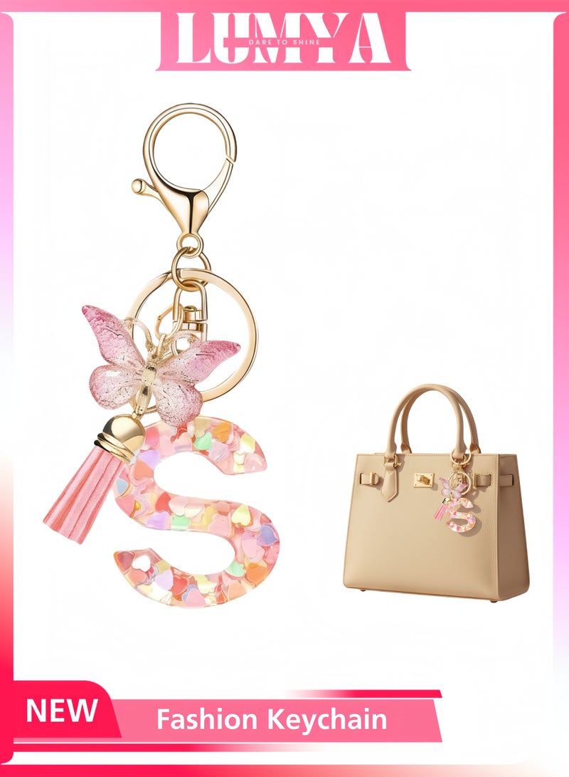 LUMYA Fashion Alphabet Letter Keychain, Bag Charms, Tassel Butterfly Pendant Key Ring, Purse Charms, Anti-Lost Car Keychains, Bag Accessories for Women Purses Bags Handbags Wallets Backpacks (Pink) - Image 1
