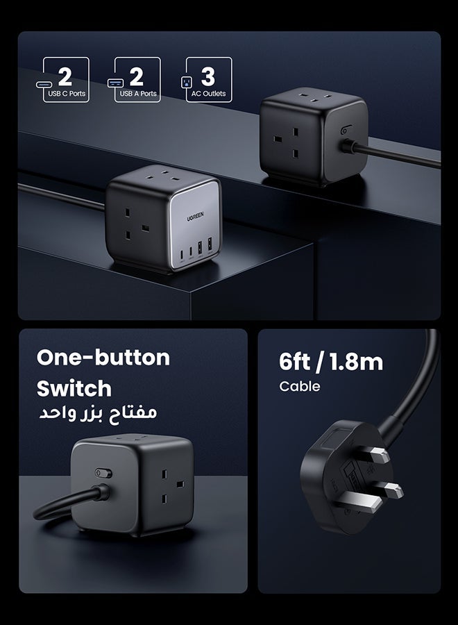 يو جرين شاحن نيكسود GaN بقوة 65 واط بمنفذ USB-C، محطة شحن ديجي نيست كيوب 7 في 1، قابس شحن سريع USB بأربعة منافذ، شريط طاقة متعدد مع 3 منافذ تيار متردد، سلك تمديد بطول 1.8 متر، متوافق مع هواتف سامسونج S26U، وسلسلة آيفون 17 و16 و15، وأجهزة الكمبيوتر المكتبية والمنزلية. 7 IN 1 65W - Image 3
