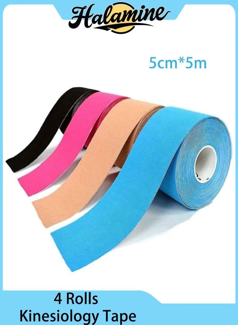Halamine 4 Rolls Waterproof Kinesiology Tape, 5cm*5m， Athletic Elastic Kneepad Muscle Pain Relief Knee Taping, Muscle Tape Suitable for Elbow Waist Knee Shoulder,Black, Gray, Pink, Blue  - Image 1