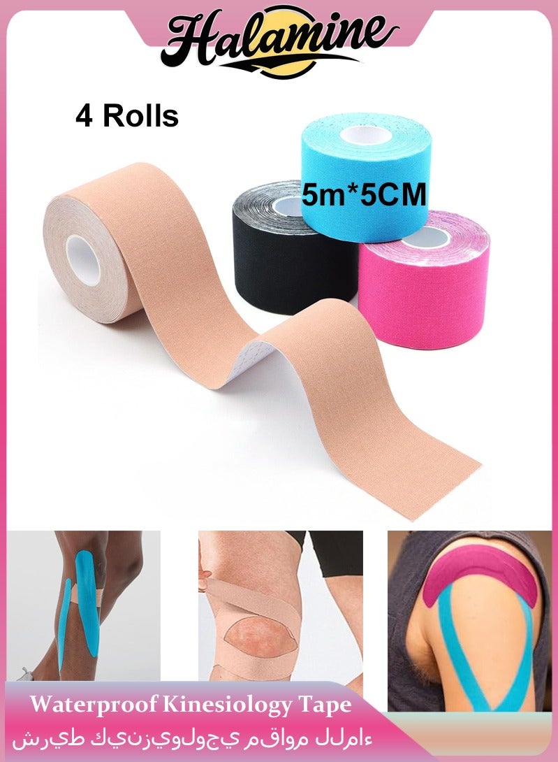 هالامين 4 لفات من الشريط الكينزيولوجي المقاوم للماء والقابل للتنفس، 5 سم × 5 م، وسادة ركبة رياضية مرنة لتخفيف آلام العضلات، شريط تثبيت الركبة، شريط رياضي، شريط للركبة، شريط عضلي مناسب للمرفق والخصر والركبة والكتف، أسود، رمادي، وردي، أزرق - Image 1
