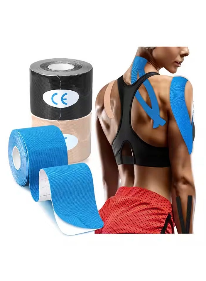 4 Rolls Waterproof Kinesiology Tape, 5cm*5m， Athletic Elastic Kneepad Muscle Pain Relief Knee Taping, Muscle Tape Suitable for Elbow Waist Knee Shoulder,Black, Gray, Pink, Blue
