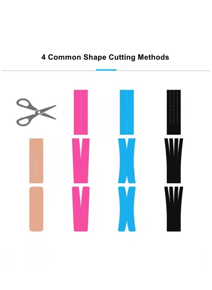 4 Rolls Waterproof Kinesiology Tape, 5cm*5m， Athletic Elastic Kneepad Muscle Pain Relief Knee Taping, Muscle Tape Suitable for Elbow Waist Knee Shoulder,Black, Gray, Pink, Blue