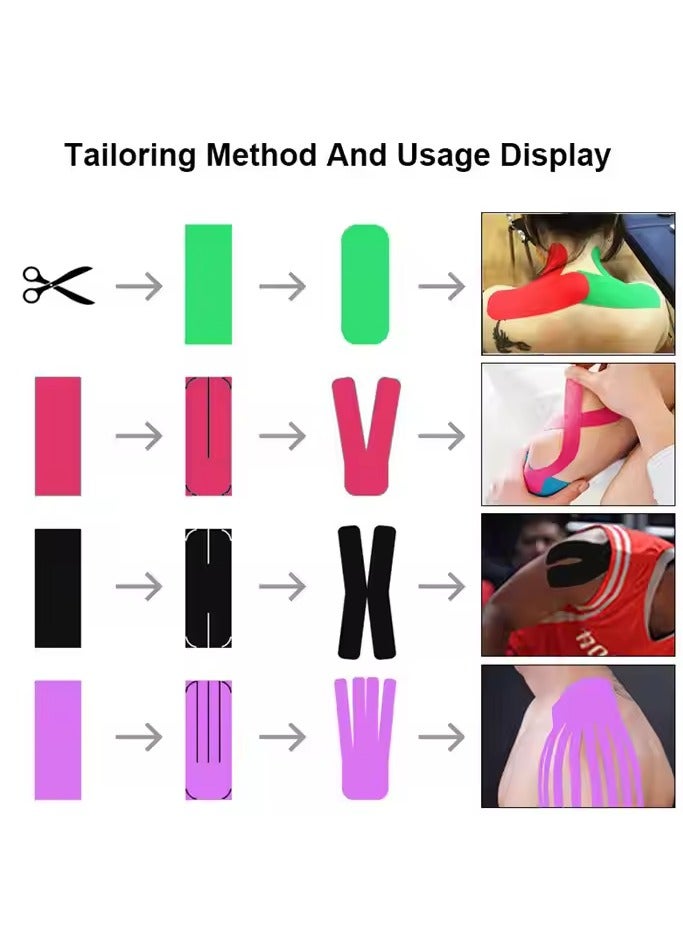 4 Rolls Waterproof Kinesiology Tape, 5cm*5m， Athletic Elastic Kneepad Muscle Pain Relief Knee Taping, Muscle Tape Suitable for Elbow Waist Knee Shoulder,Black, Gray, Pink, Blue