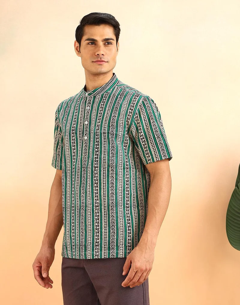 Fabindia  Green Cotton Hand Block Printed Mid Placket Shirt for Men | Best Price UAE