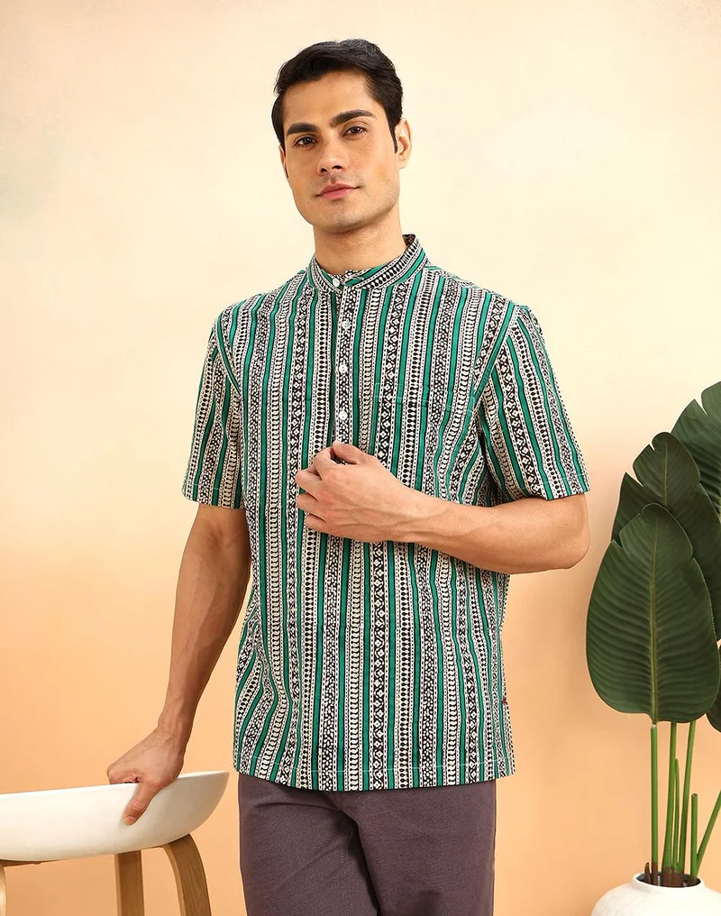فاب انديا Green Cotton Hand Block Printed Mid Placket Shirt