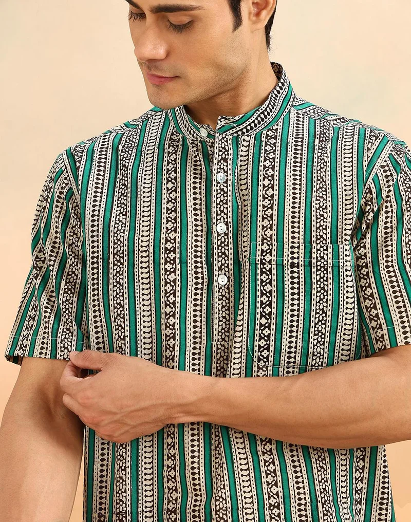 Fabindia  Green Cotton Hand Block Printed Mid Placket Shirt for Men | Best Price UAE